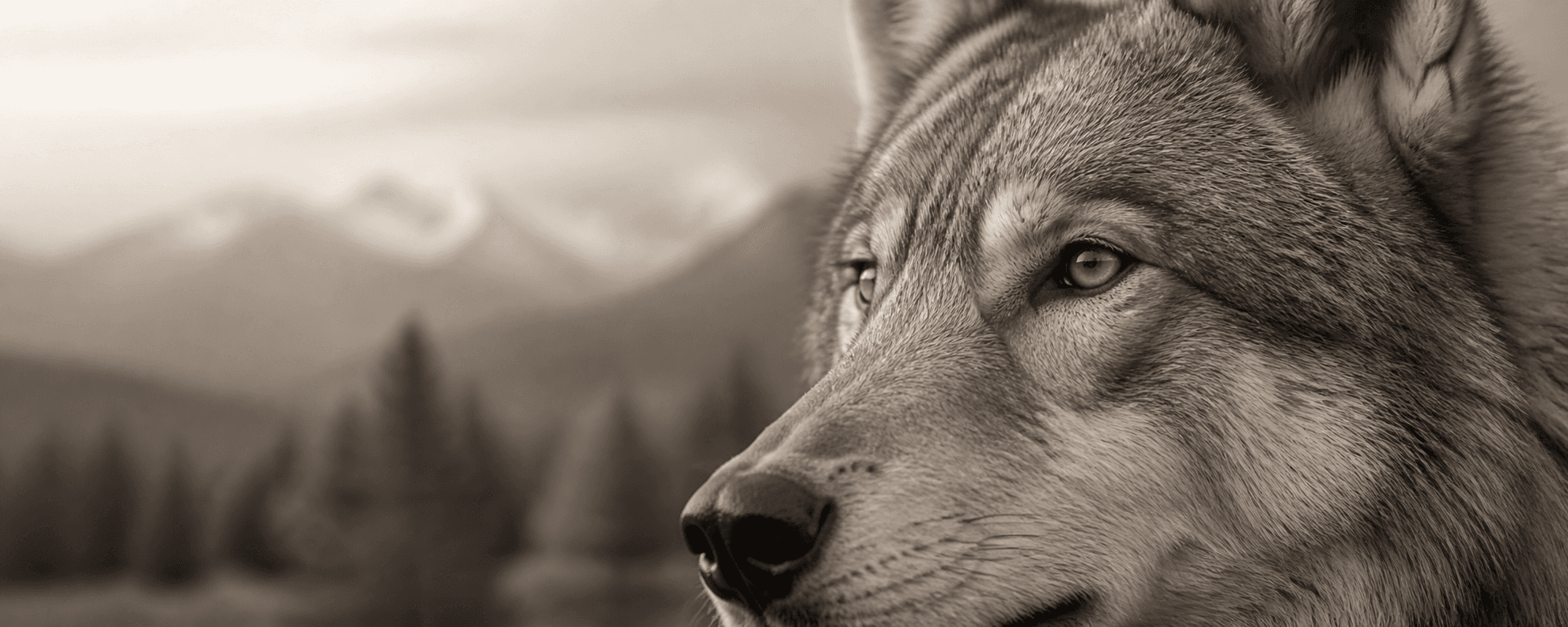 Close portrait of a wolf looking across a mountain landscape