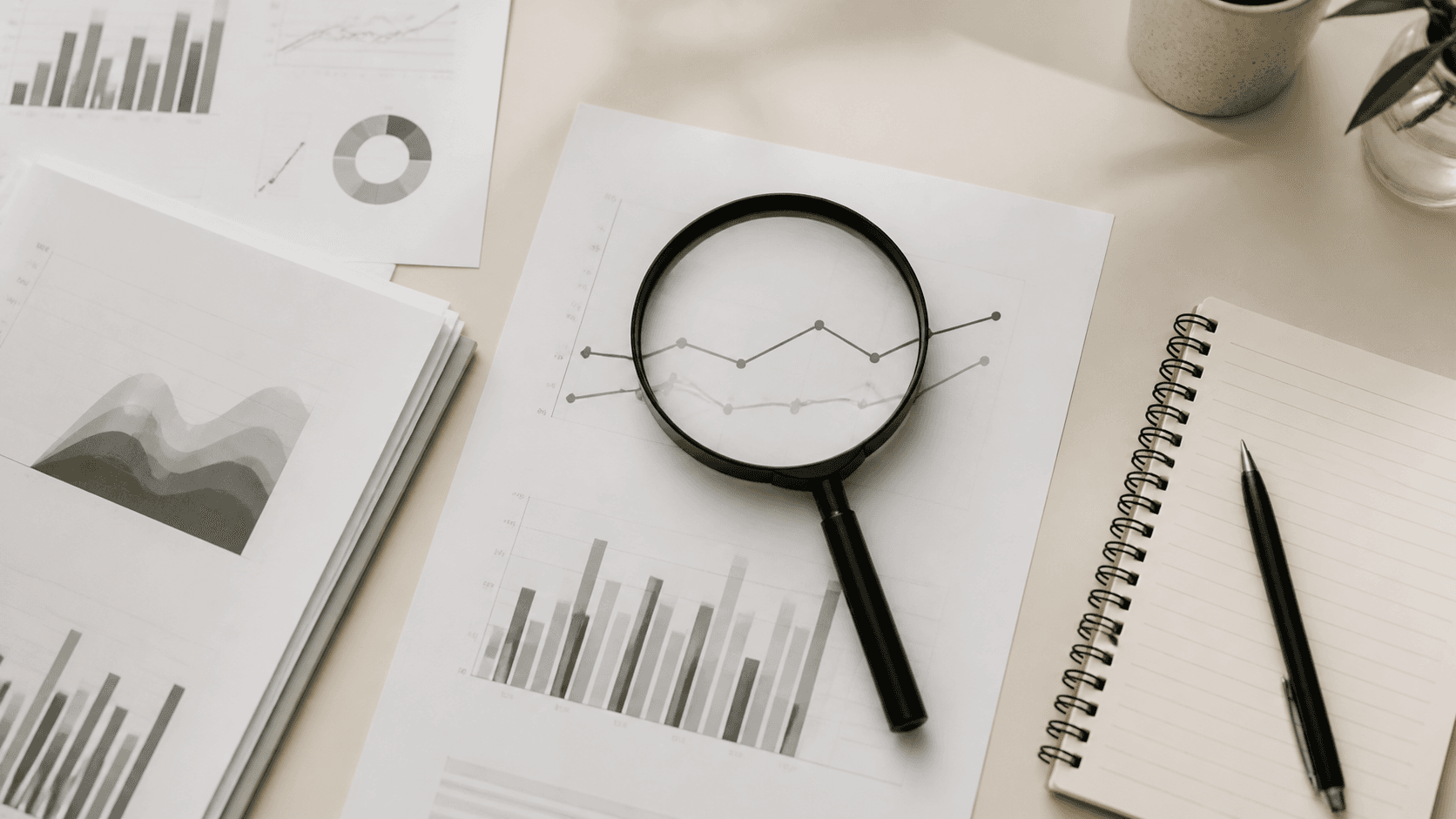 Research reports and a magnifying glass on a desk